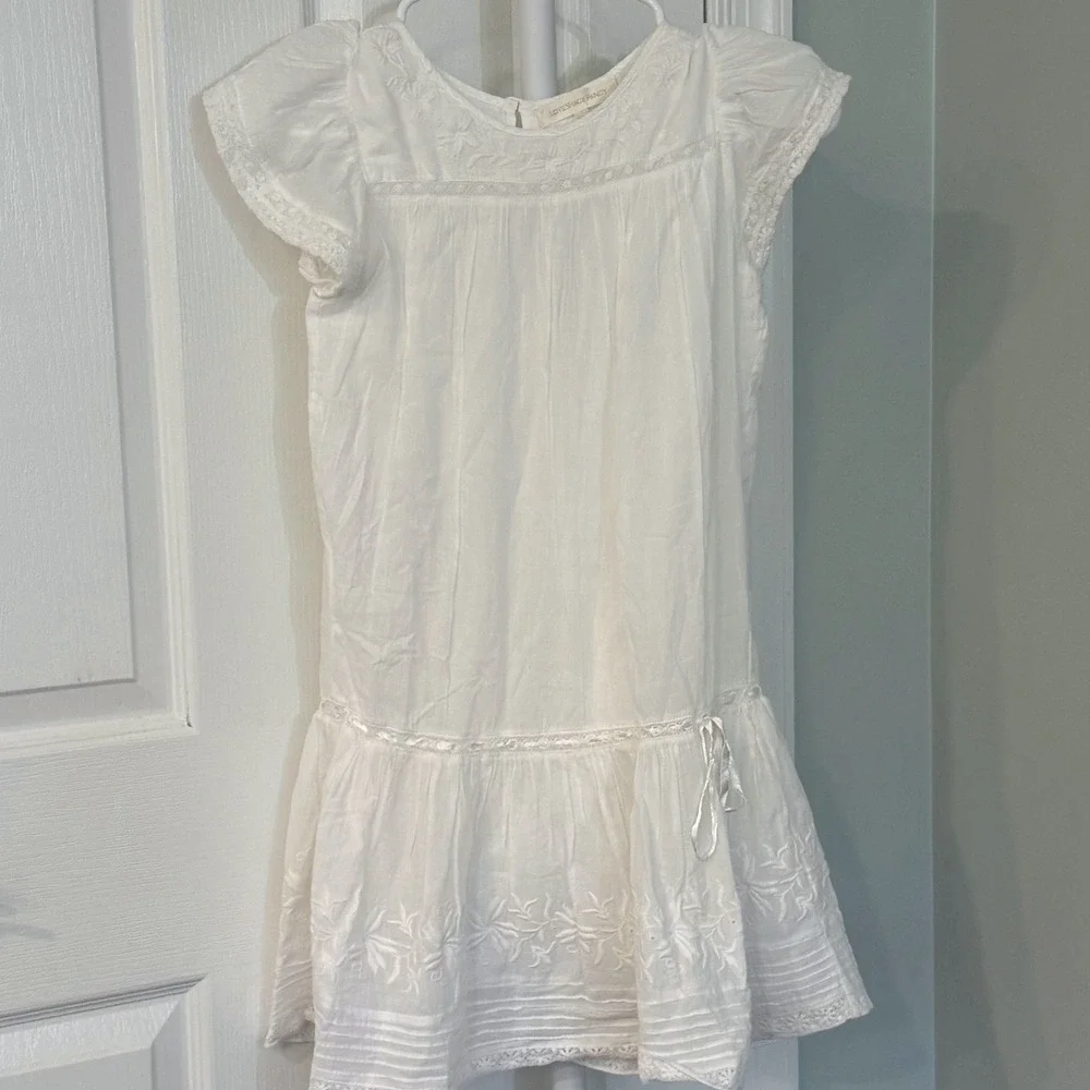 LoveShackFancy White Cotton Embroidered Lace Flutter Sleeve Dress Girls 7-8Y